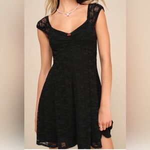 Lulus Sweetest Life Black Lace Rosette Cap Sleeve Mini Dress Size M